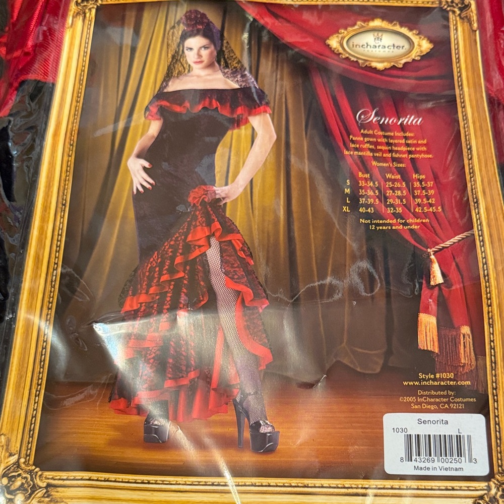 In character, Señorita, ladies adult size large costume dress only